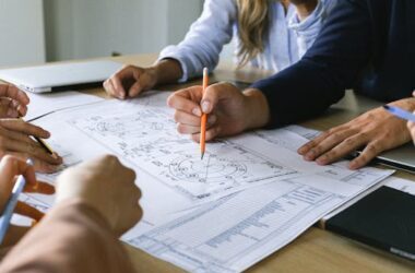 Team working on engineering plans, discussing ideas at an office meeting.